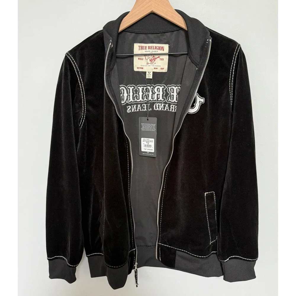 True Religion Mens Big T Velvet Mock Zip Up Jacket Jet Black Size XS‎ New